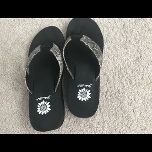 Almost new Yellow Box python flip flops